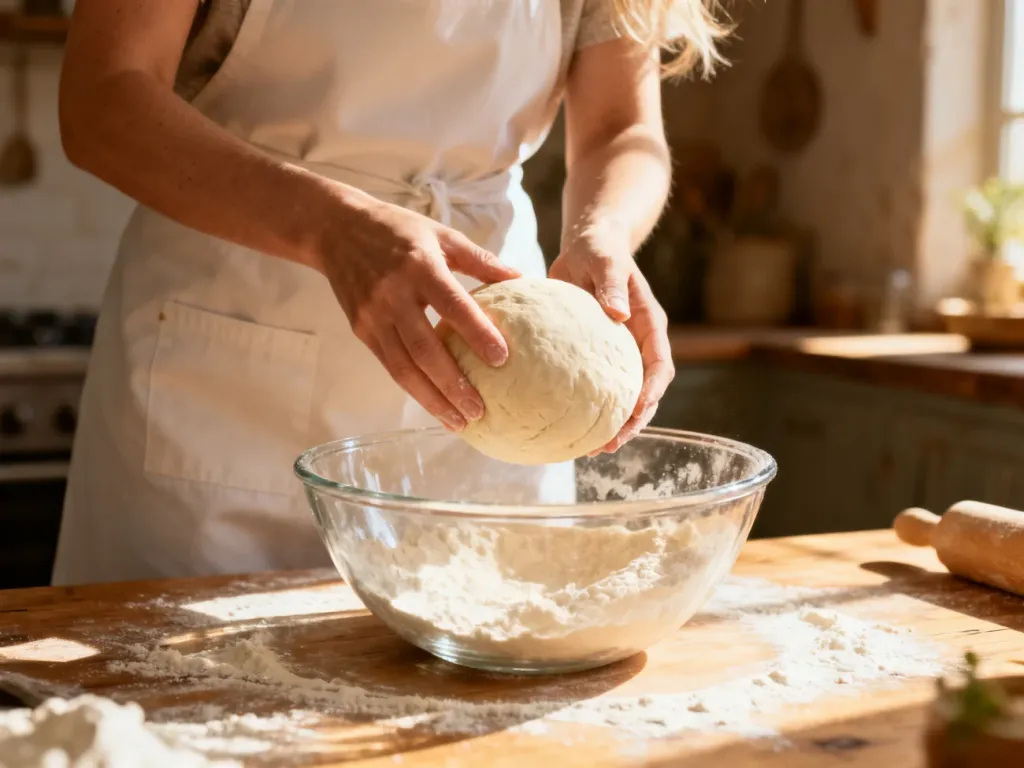 Kobieta w fartuchu kuchennym wkłada kulę ciasta na pizzę do szklanej miski w przytulnej, słonecznej kuchni.
