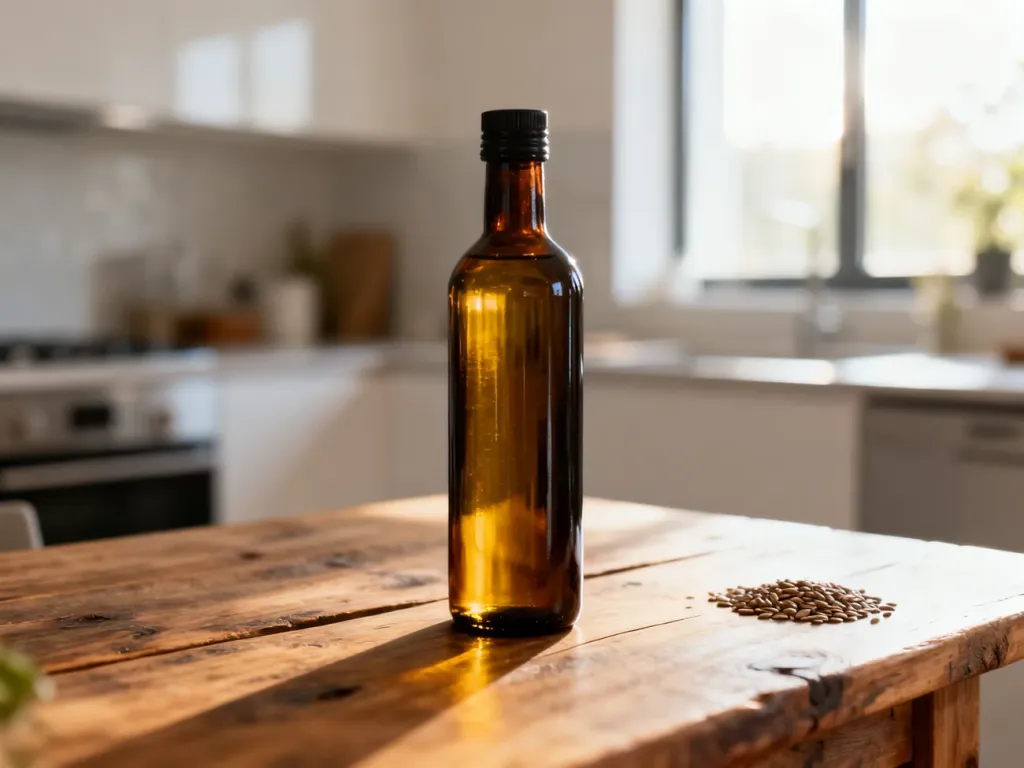 Butelka z ciemnego szkła z olejem lnianym na drewnianym stole w jasnej kuchni, podkreślająca naturalność produktu.